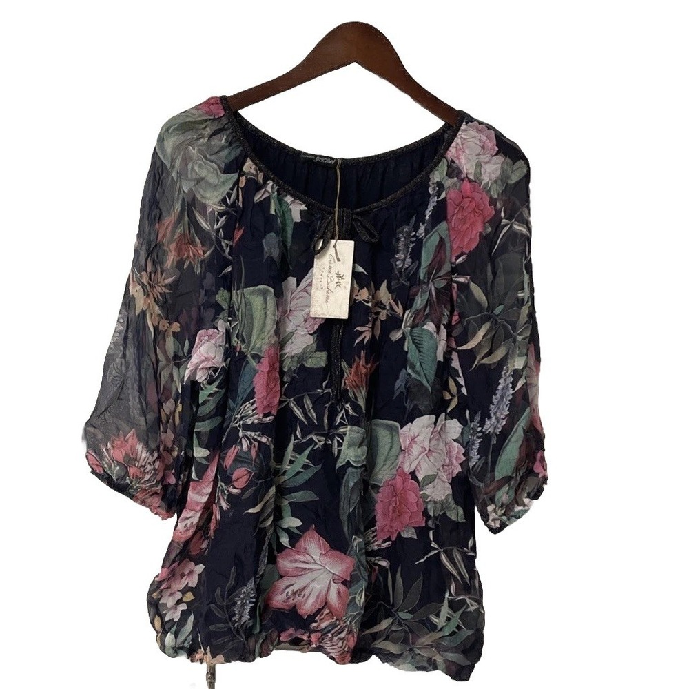 NWT Micky Crème Boheme Vintage Silk Blend Floral Blouse Made In Italy Women's L‎